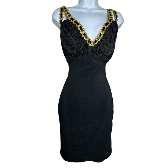 DANA DEATHERAGE vintage 80's black wiggle bombshell dress size small gold trim - Picture 9 of 9